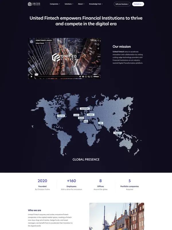 Страница о компании United Fintech, тематика — Финансы, цвета — Белый, Черный, Серый, стиль — Корпоративный, Минимализм, типографика — Без засечек