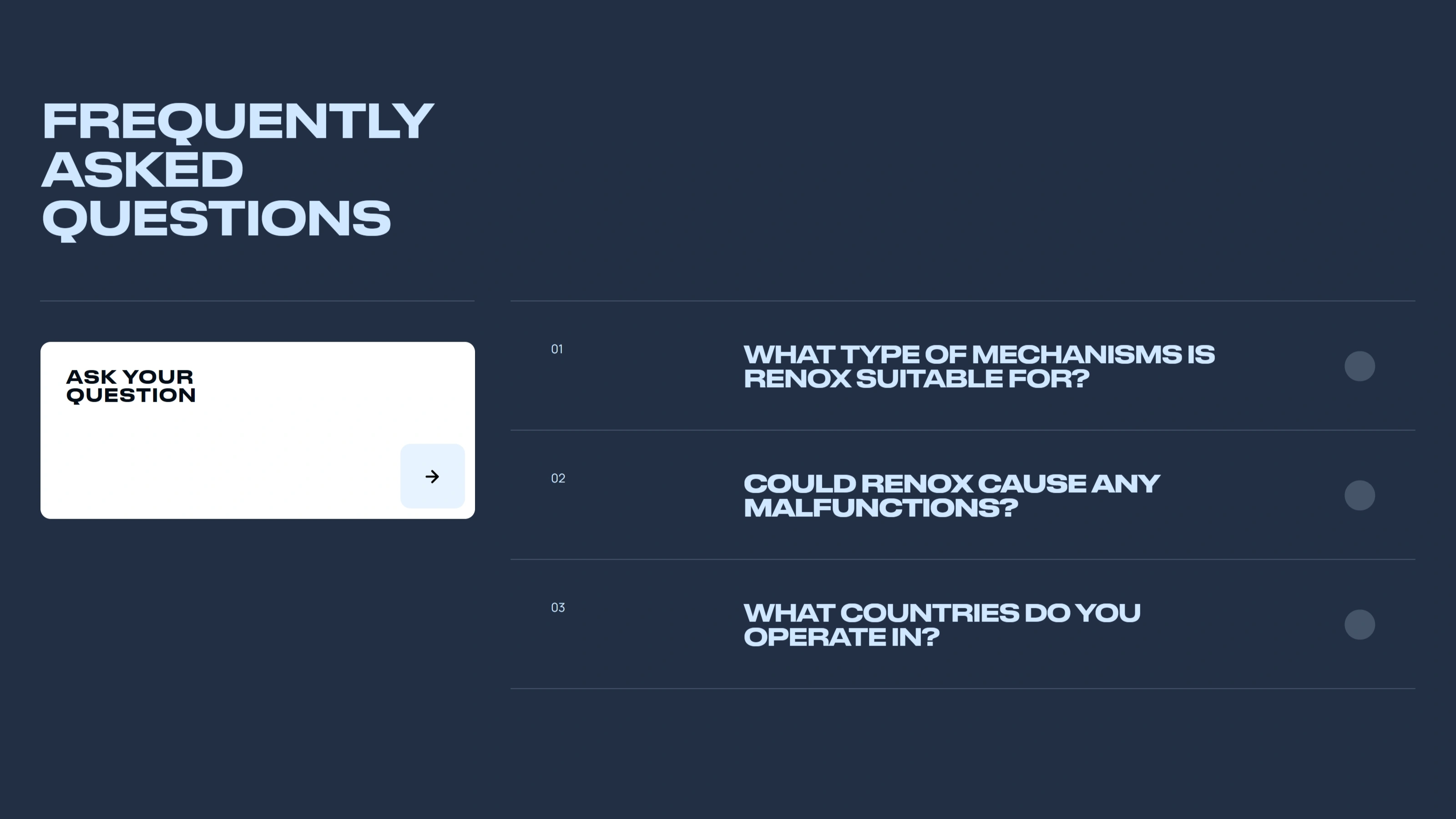 Renox Секция «FAQ» с сайта https://renox.us/, тематика — Продукт, цвета — Черный, стиль — Корпоративный, Минимализм, типографика — Без засечек
