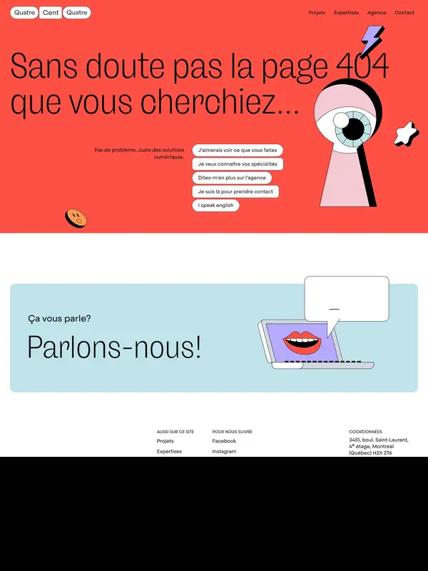 404-страница QuatreCentQuatre, тематика — Агентство , цвета — Белый, Красный, стиль — Плоский, Брутализм, типографика — Без засечек, Декоративные
