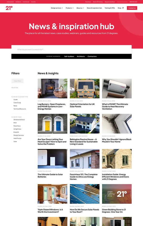 Блог 21 Degrees, тематика — Строительство, цвета — Белый, Серый, Красный, стиль — Корпоративный, типографика — Без засечек