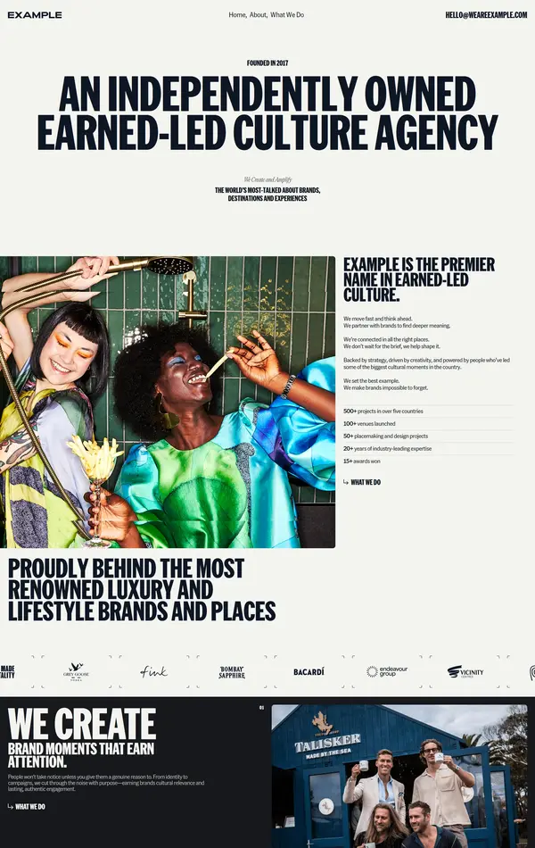 Страница о компании Example, тематика — Агентство , цвета — Белый, Черный, Серый, стиль — Корпоративный, Типографика, типографика — Без засечек