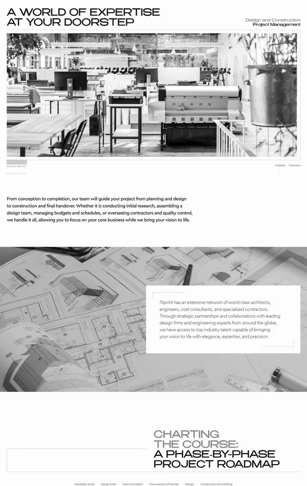 Лендинг 7sprint, тематика — Строительство, цвета — Белый, Серый, стиль — Корпоративный, Минимализм, типографика — Без засечек