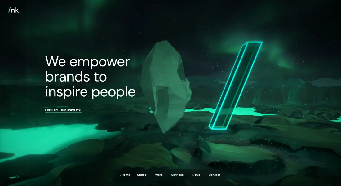 Секция «Первый экран» с сайта https://www.nk.studio/, тематика — Агентство , цвета — Черный, Зеленый, стиль — Фестивальный, Полигональный, типографика — Без засечек