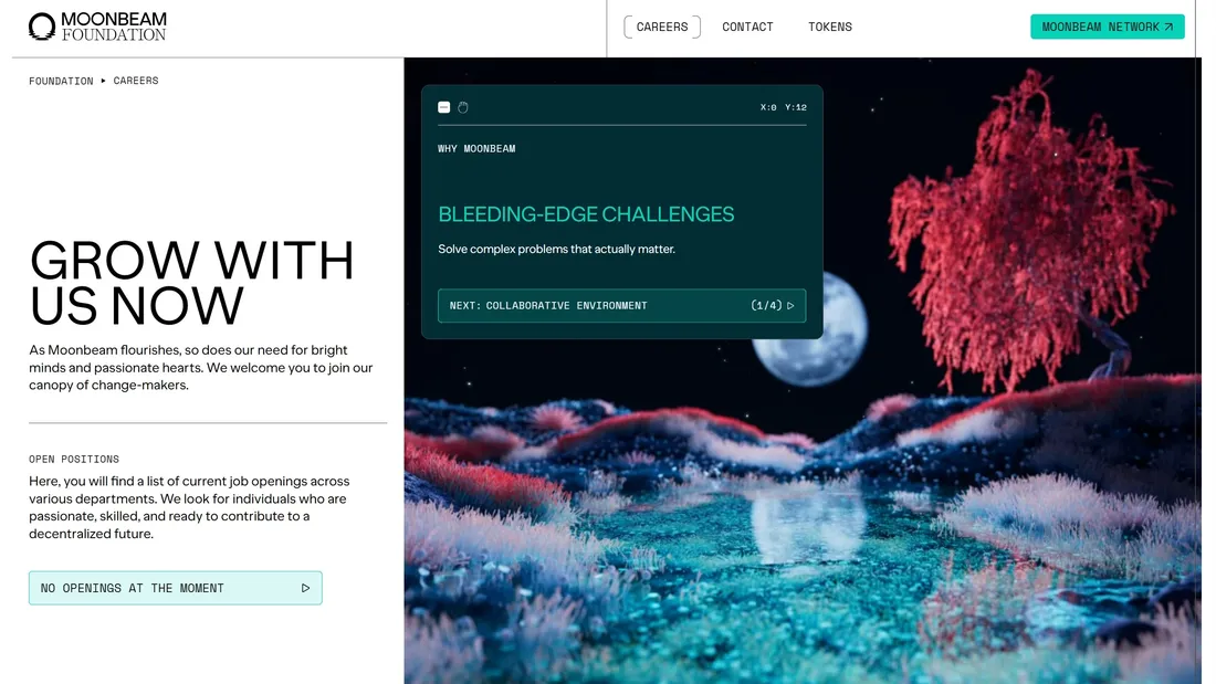 Страница карьеры Moonbeam, тематика — Крипто  и блокчейн, цвета — Белый, Черный, Серый, стиль — Корпоративный, Минимализм, типографика — Без засечек
