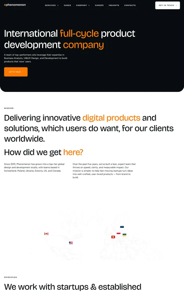 Страница о компании Phenomenon, тематика — Бизнес и профессиональные услуги, цвета — Белый, Черный, стиль — Корпоративный, Минимализм, типографика — Без засечек