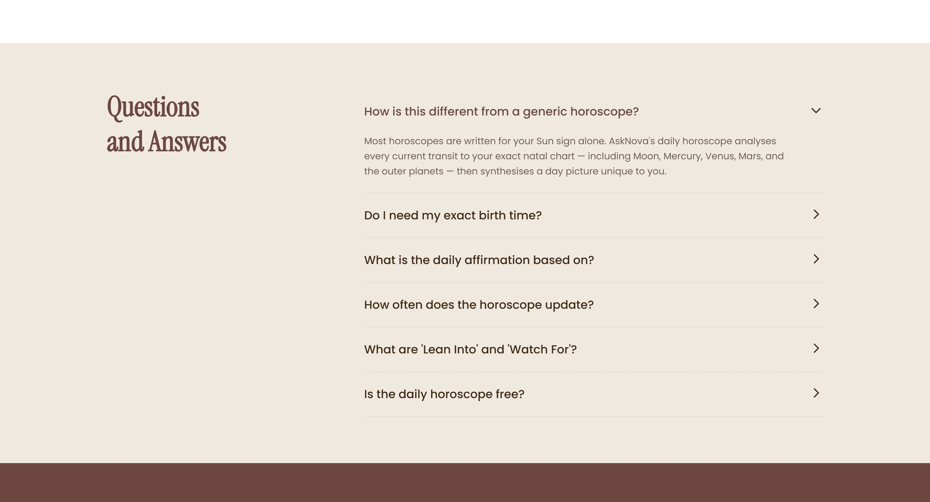 AskNova Секция «FAQ» с сайта https://www.asknovaastrology.com/, тематика — Другое, цвета — Белый, стиль — Минимализм, типографика — С засечками