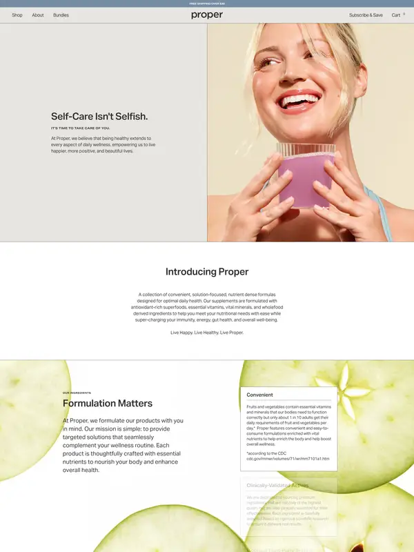 Лендинг Proper Health, тематика — Здоровье и фитнес, цвета — Белый, стиль — Минимализм, типографика — Без засечек