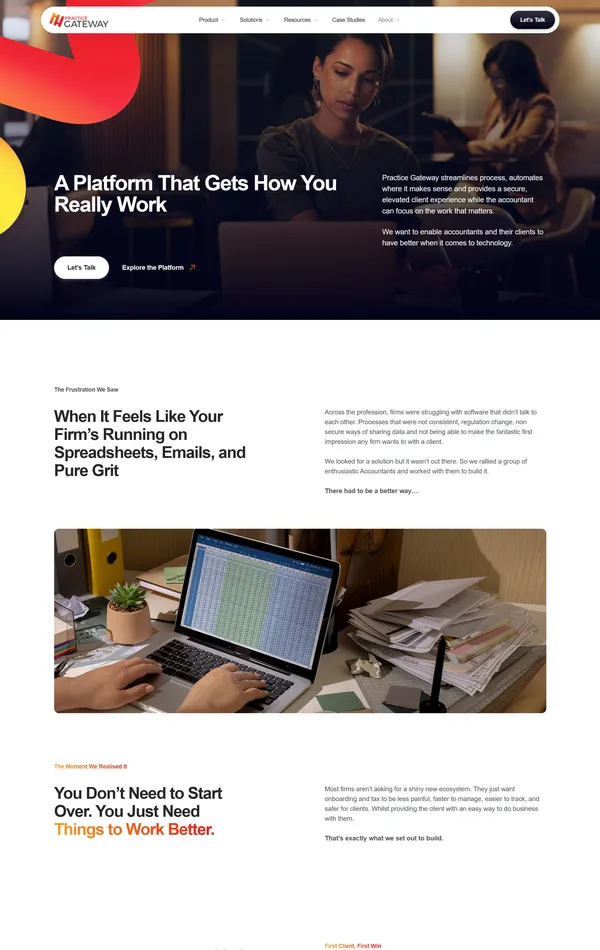 Страница о компании Practice Gateway, тематика — Финансы, цвета — Белый, Черный, стиль — Корпоративный, типографика — Без засечек