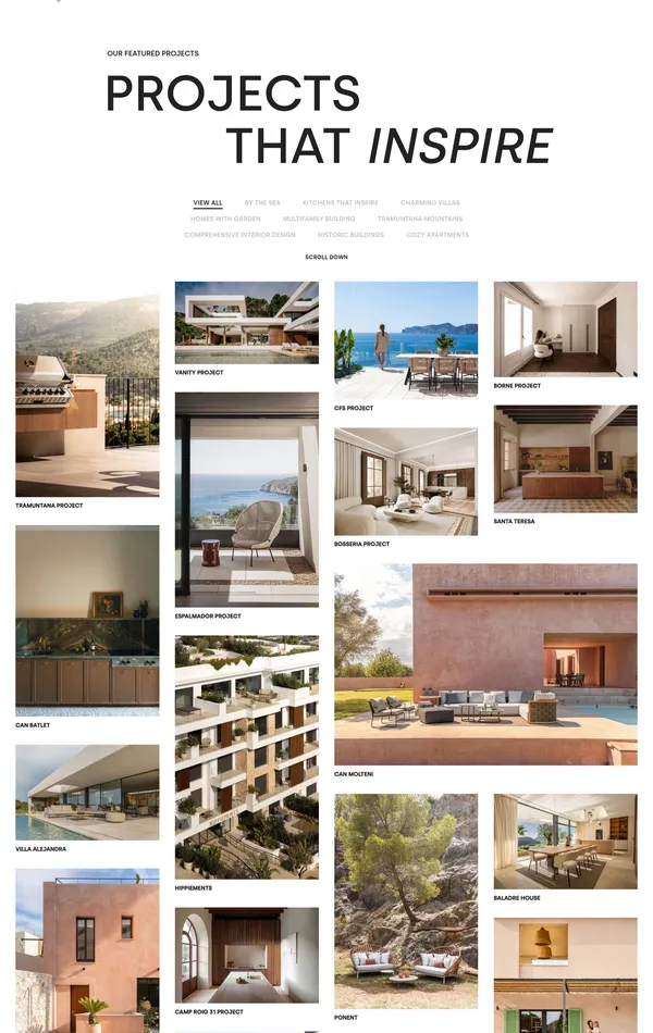 Секция «Кейсы» с сайта https://espaciohomedesign.com/en, тематика — Дизайн, цвета — Белый, Серый, стиль — Минимализм, типографика — Без засечек