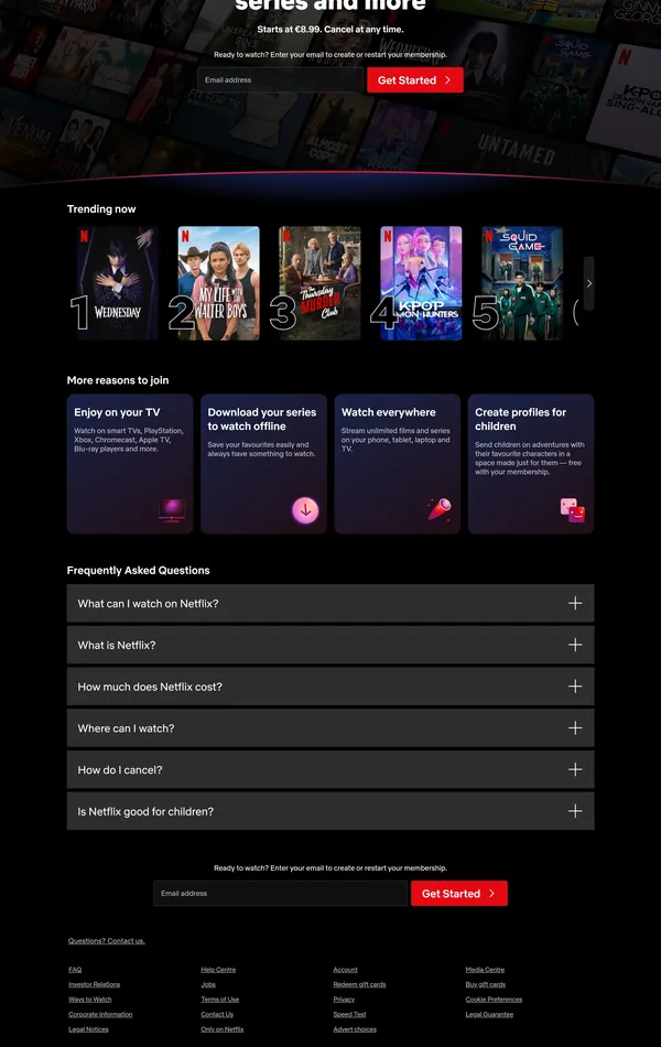 Главная Netflix, тематика — Развлечения, цвета — Черный, стиль — Корпоративный, типографика — Без засечек
