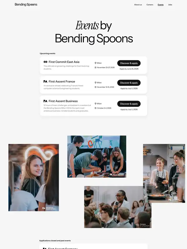 Страница карьеры Bending Spoons, тематика — IT и программное обеспечение, цвета — Белый, Серый, стиль — Классический, Корпоративный, типографика — Без засечек, Декоративные
