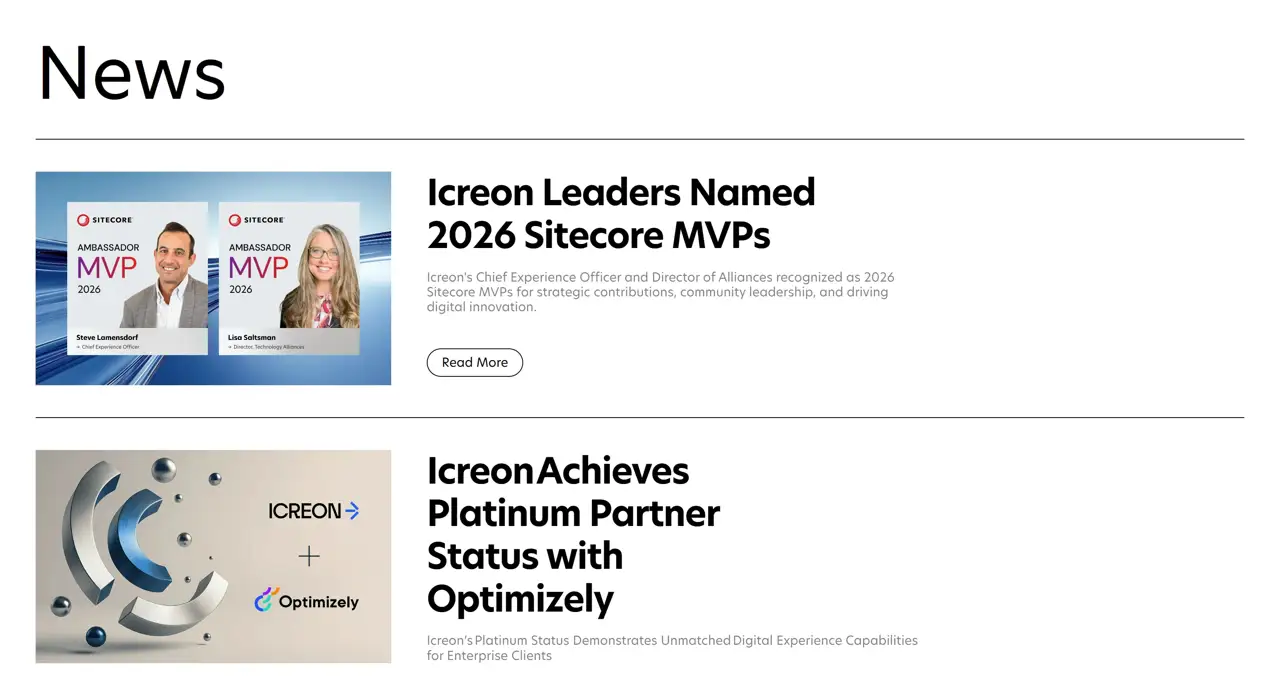 Секция «Новости» с сайта https://www.icreon.com/, тематика — IT и программное обеспечение, цвета — Белый, Серый, стиль — Корпоративный, Минимализм, типографика — Без засечек