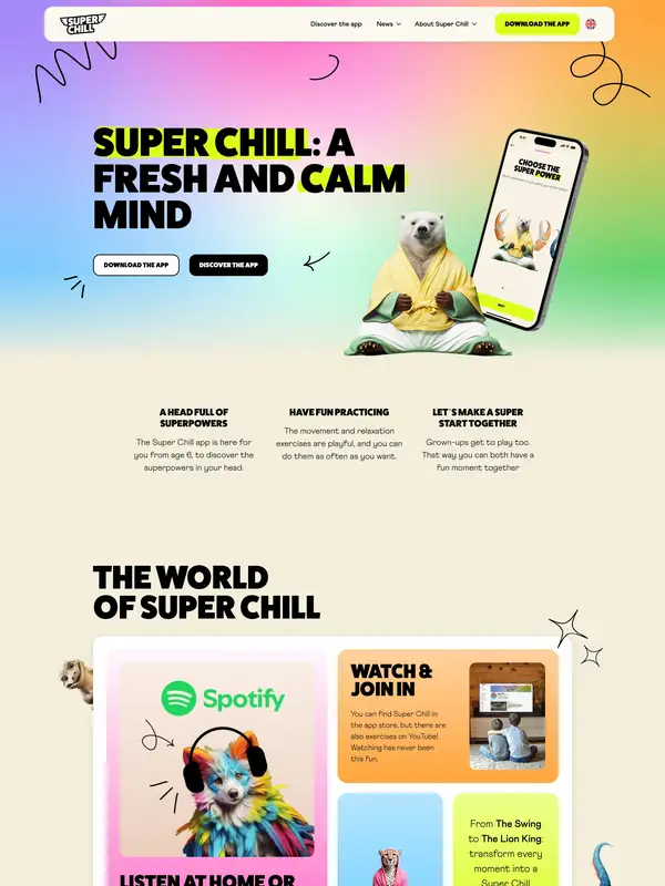 Лендинг Super Chill, тематика — Образование, цвета — Белый, Серый, стиль — Фестивальный, типографика — Без засечек, Декоративные