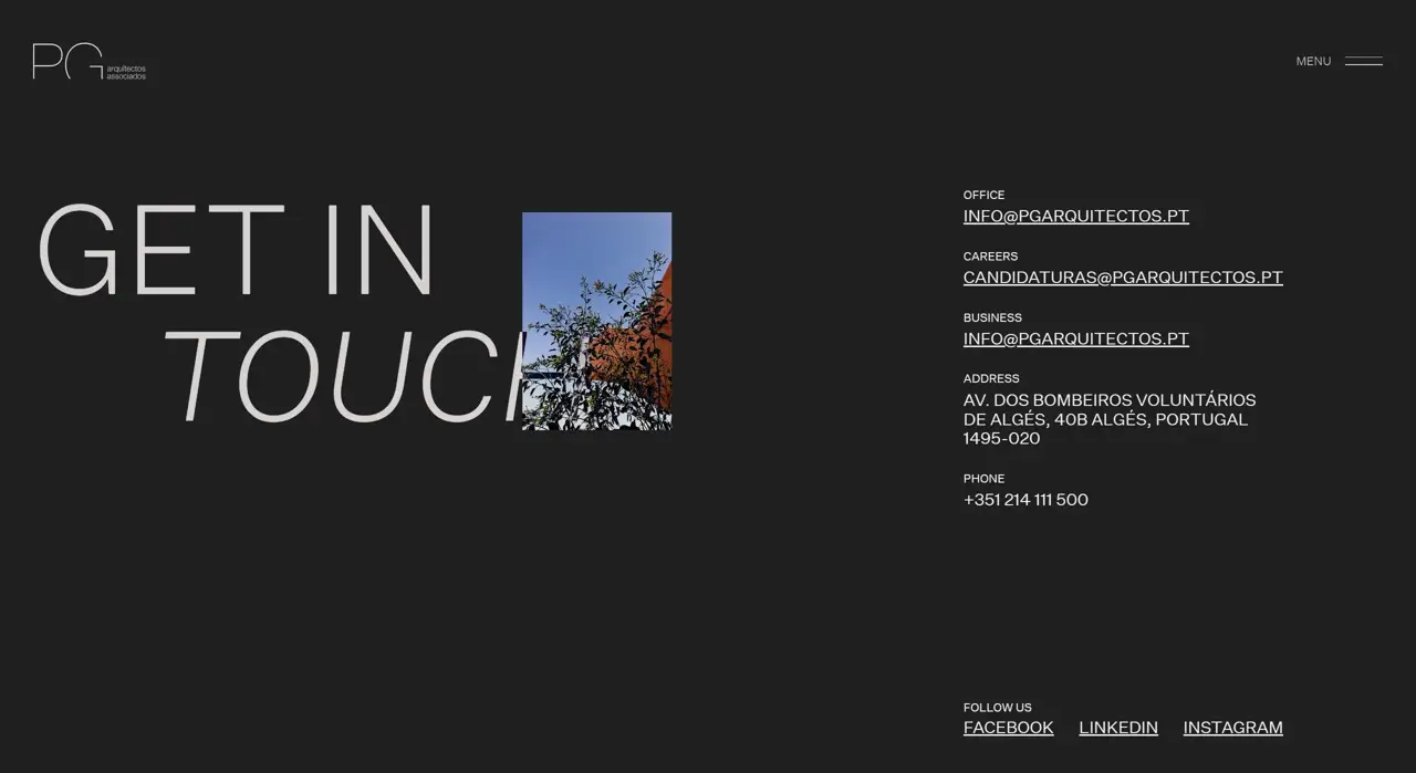 Секция «Контакты» с сайта https://www.pgarquitectos.pt/, тематика — Строительство, цвета — Черный, стиль — Минимализм, типографика — Без засечек, Декоративные