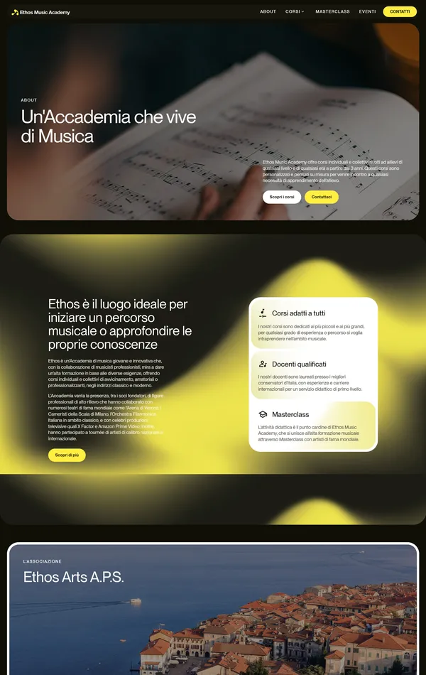 Страница о компании Ethos Music Academy, тематика — Музыка, цвета — Белый, Черный, Серый, Коричневый, стиль — Корпоративный, типографика — Без засечек