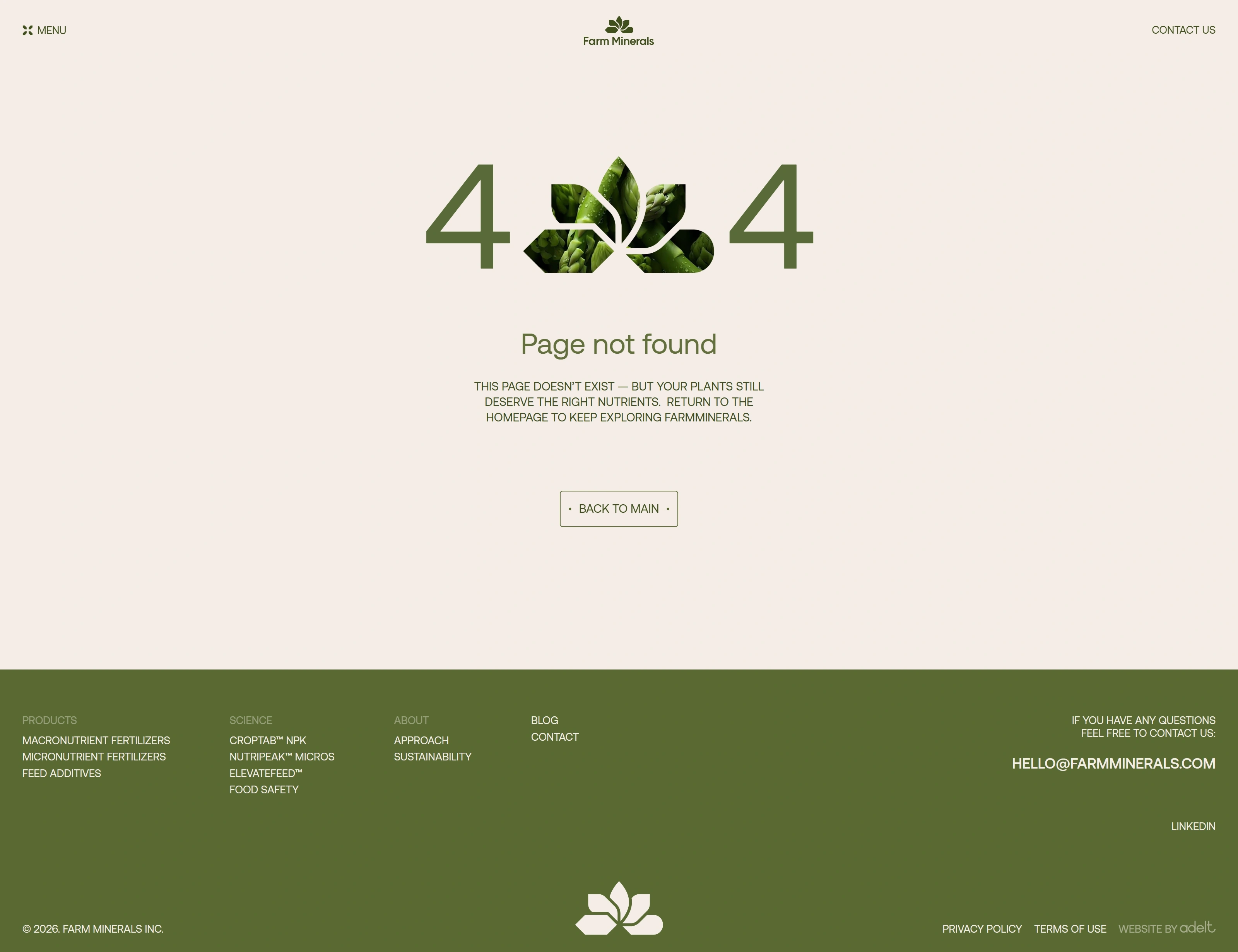 Farm Minerals 404-страница Farm Minerals, тематика — Сельское хозяйство, цвета — Белый, Коричневый, стиль — Минимализм, Органический и природный, типографика — Без засечек