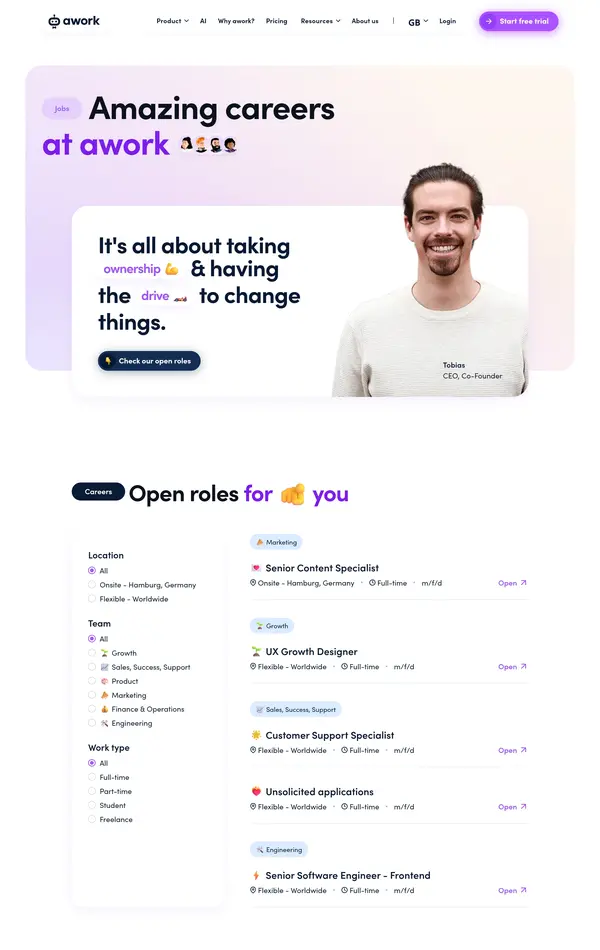 Страница карьеры awork, тематика — IT и программное обеспечение, цвета — Белый, стиль — Корпоративный, типографика — Без засечек