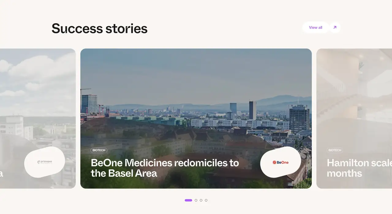 Секция «Кейсы» с сайта https://baselsupercluster.com/, тематика — Другое, цвета — Белый, Серый, стиль — Корпоративный, Минимализм, типографика — Без засечек