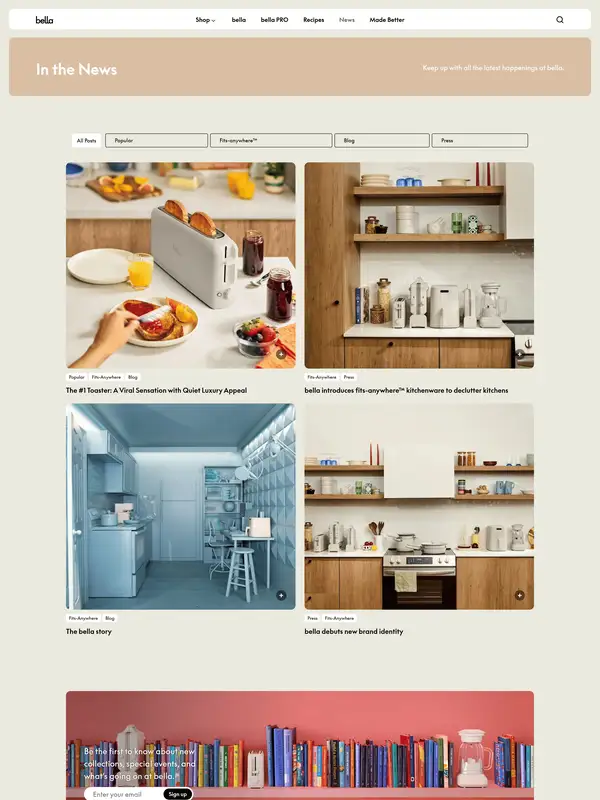 Новости bella Kitchen Appliances, тематика — Интернет-магазин, цвета — Белый, Серый, стиль — Карточный, Минимализм, типографика — Без засечек