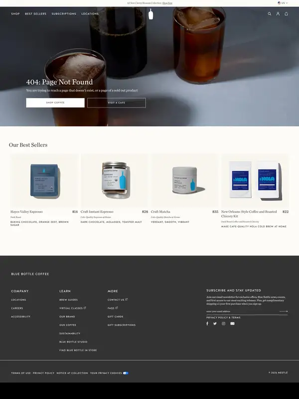 404-страница Blue Bottle Coffee, тематика — Еда и напитки, цвета — Белый, Черный, Серый, стиль — Корпоративный, Минимализм, типографика — Без засечек