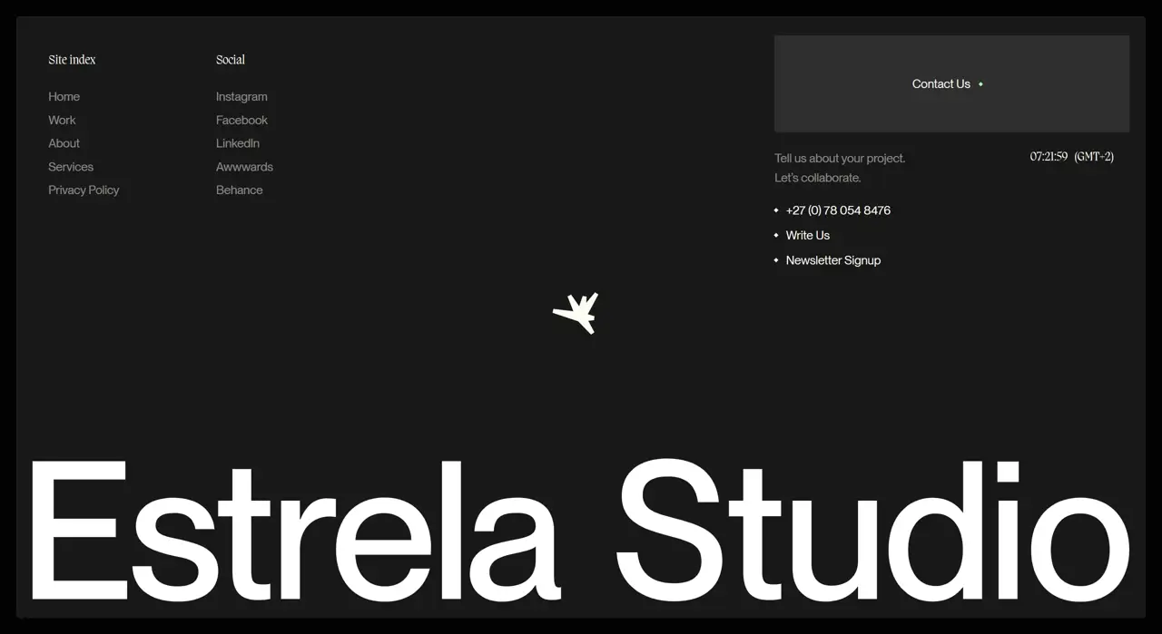 Секция «Футер» с сайта https://estrela.studio/, тематика — Агентство , цвета — Черный, стиль — Корпоративный, Минимализм, типографика — Без засечек