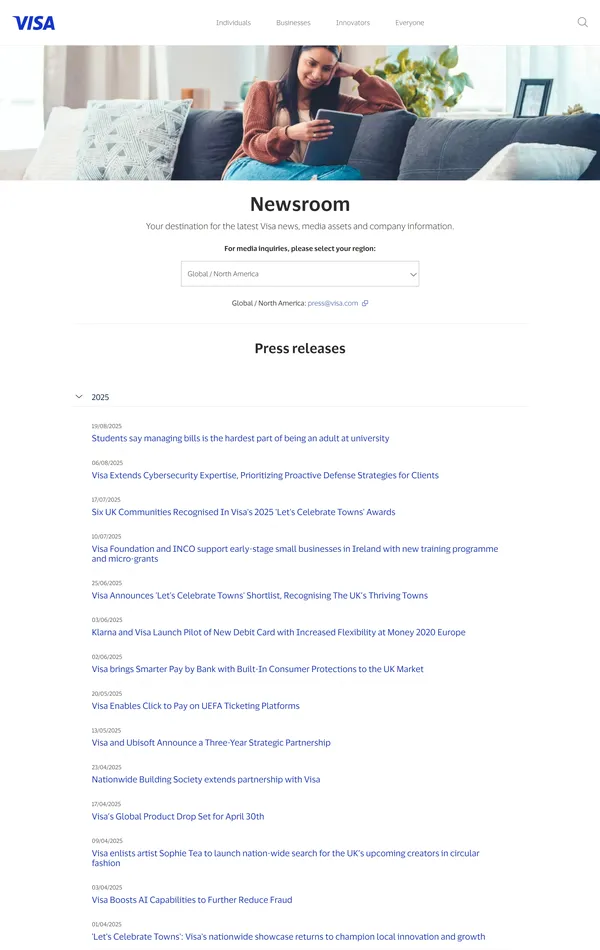 Новости visa, тематика — Финансы, цвета — Белый, стиль — Корпоративный, типографика — Без засечек