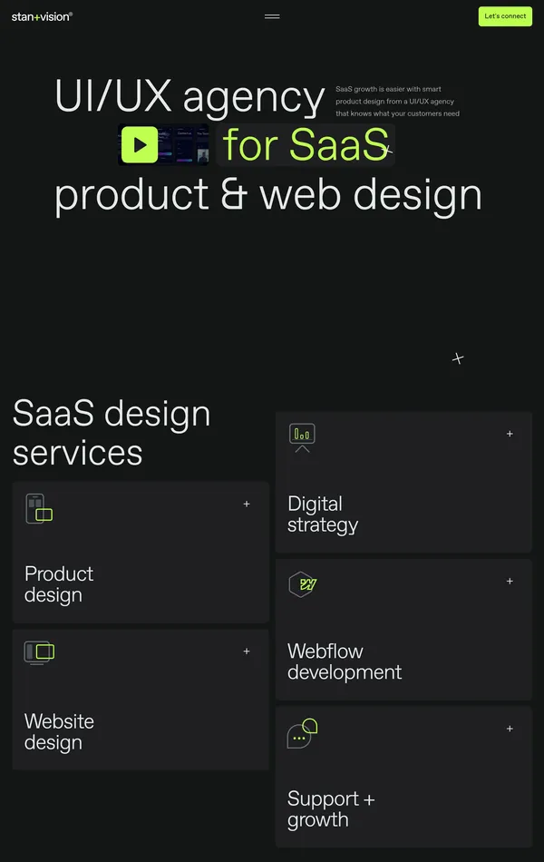Главная StanVision, тематика — Дизайн, SaaS, цвета — Черный, стиль — Корпоративный, типографика — Без засечек