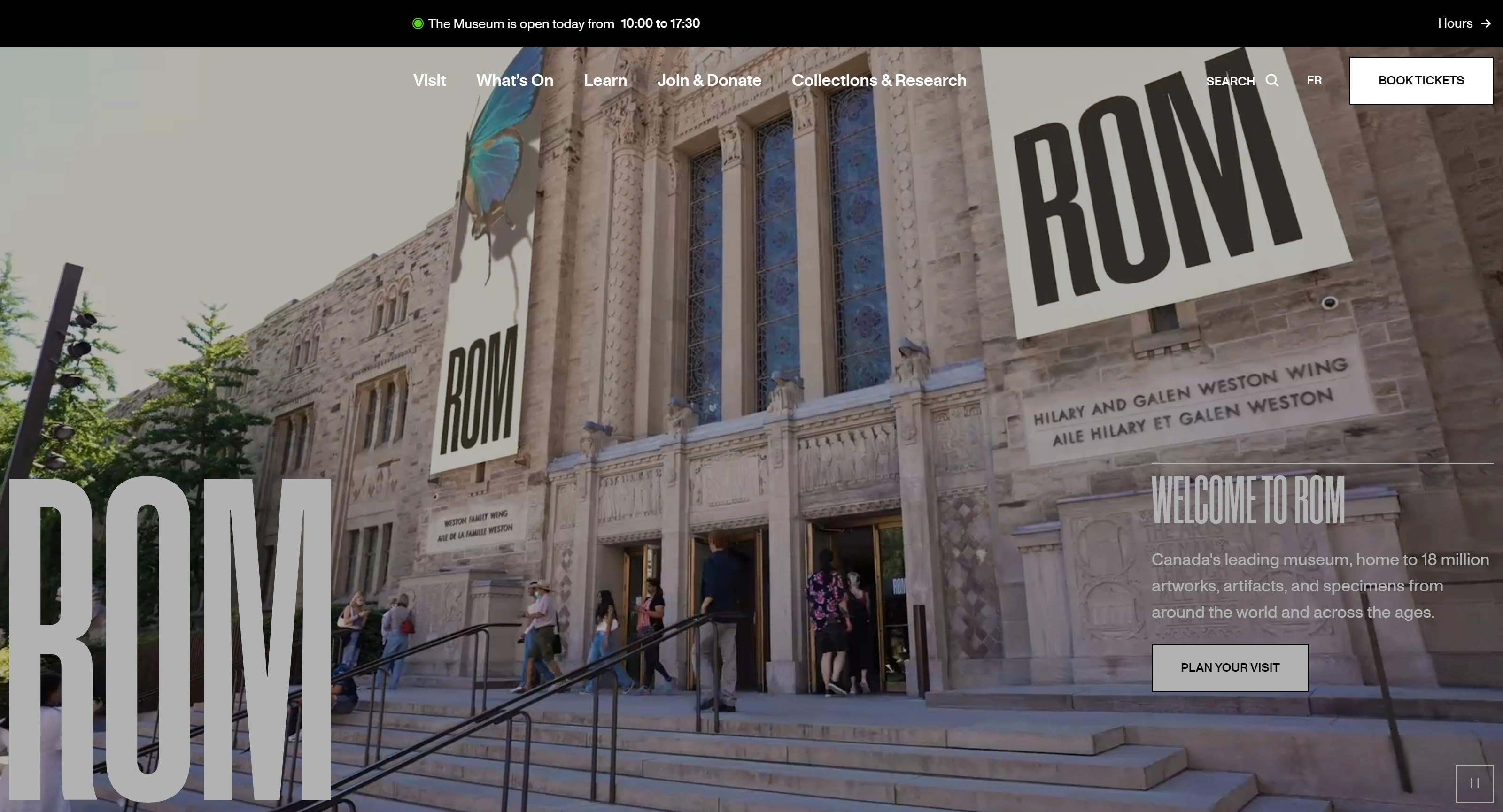 Royal Ontario Museum Секция «Первый экран» с сайта https://www.rom.on.ca/, тематика — Искусство, цвета — Черный, Серый, стиль — Классический, типографика — Декоративные