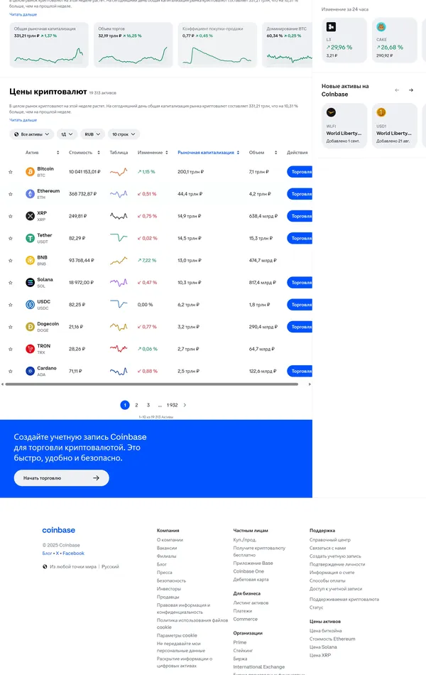 Услуги Coinbase, тематика — Крипто  и блокчейн, цвета — Белый, стиль — Корпоративный, типографика — Без засечек