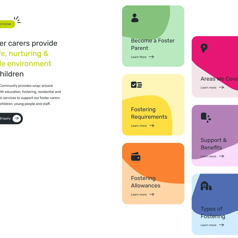 Секция «Услуги» с сайта https://www.compassfostering.com/, тематика — Некоммерческая деятельность, цвета — Белый, стиль — Корпоративный, типографика — Без засечек