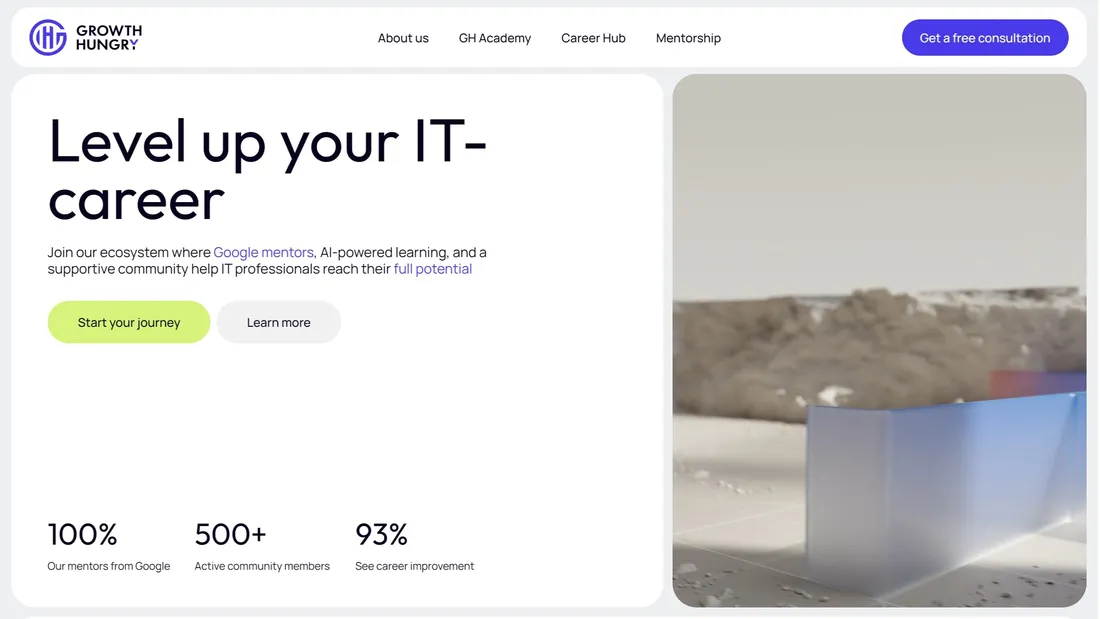 Секция «Первый экран» с сайта https://www.growthhungry.life/, тематика — Образование, IT и программное обеспечение, цвета — Белый, Серый, стиль — Корпоративный, Минимализм, типографика — Без засечек