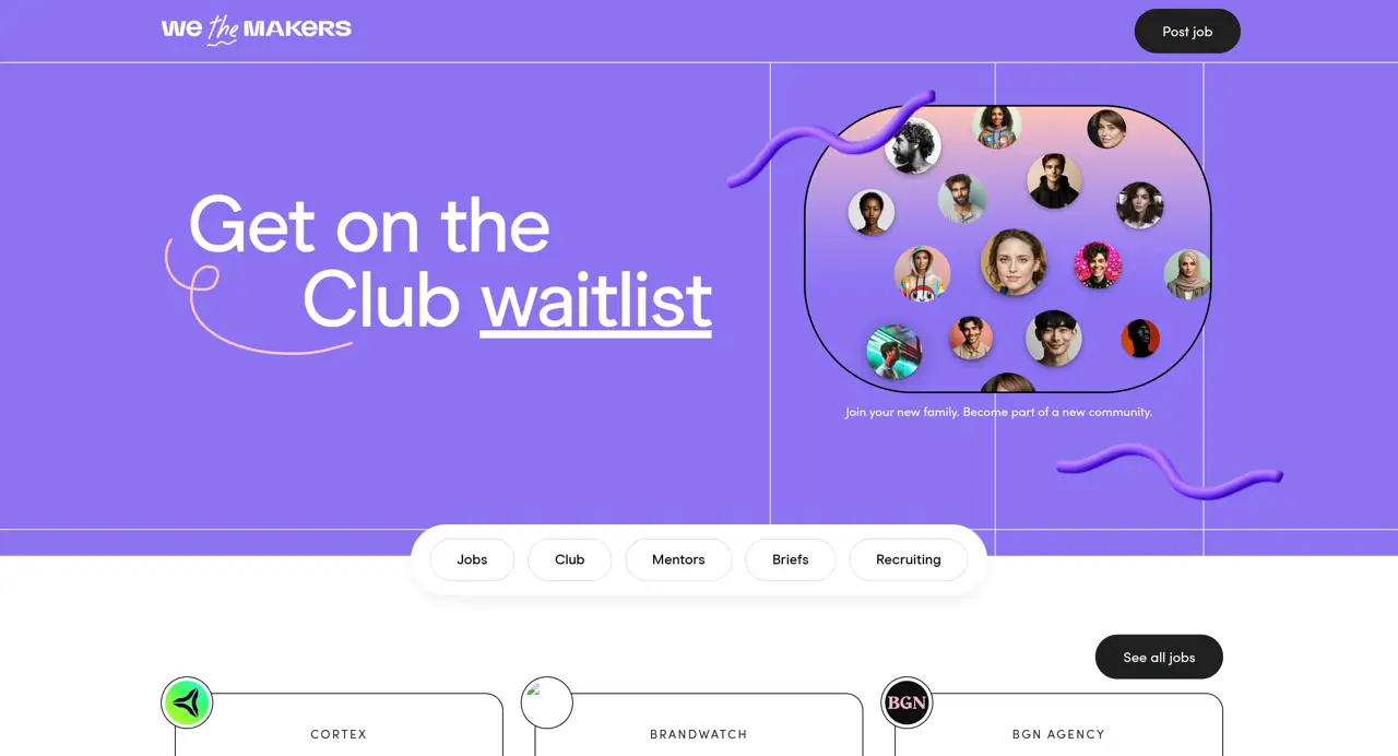 Секция «Первый экран» с сайта https://www.wethemakers.club/, тематика — Комьюнити, цвета — Фиолетовый, стиль — Минимализм, типографика — Без засечек, Рукописные, Декоративные