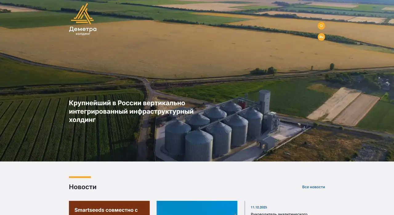 Секция «Первый экран» с сайта https://dholding.ru/, тематика — Бизнес и профессиональные услуги, Другое, цвета — Белый, Черный, Серый, стиль — Корпоративный, типографика — Без засечек