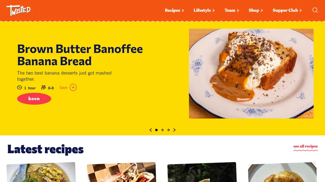 Секция «Первый экран» с сайта https://twistedfood.co.uk/, тематика — Еда и напитки, цвета — Белый, Оранжевый, Красный, стиль — Фестивальный, типографика — Без засечек