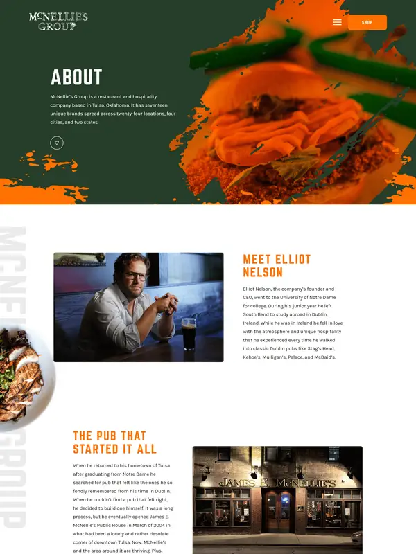 Страница о компании McNellie's Restaurant Group, тематика — Еда и напитки, цвета — Белый, Черный, Серый, стиль — Минимализм, Органический и природный, типографика — Без засечек