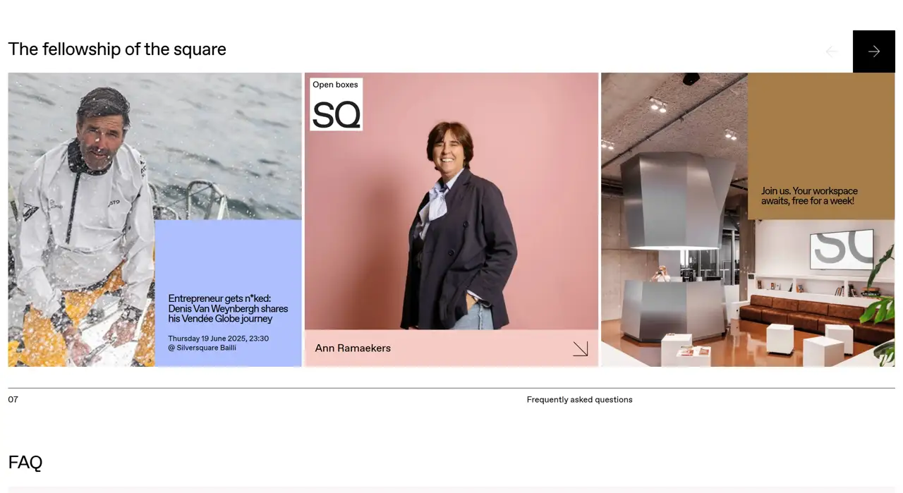 Секция «FAQ» с сайта https://silversquare.eu/en, тематика — Комьюнити, цвета — Белый, Серый, Розовый, стиль — Корпоративный, Карточный, типографика — Без засечек