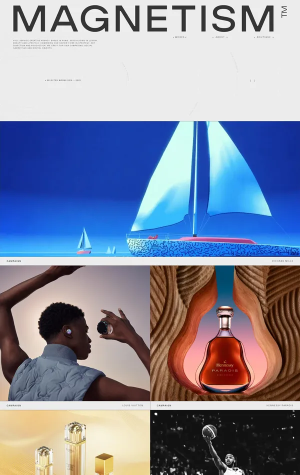 Главная Magnetism, тематика — Продукт, цвета — Белый, Черный, Серый, Синий, Коричневый, стиль — Корпоративный, Фестивальный, типографика — Без засечек