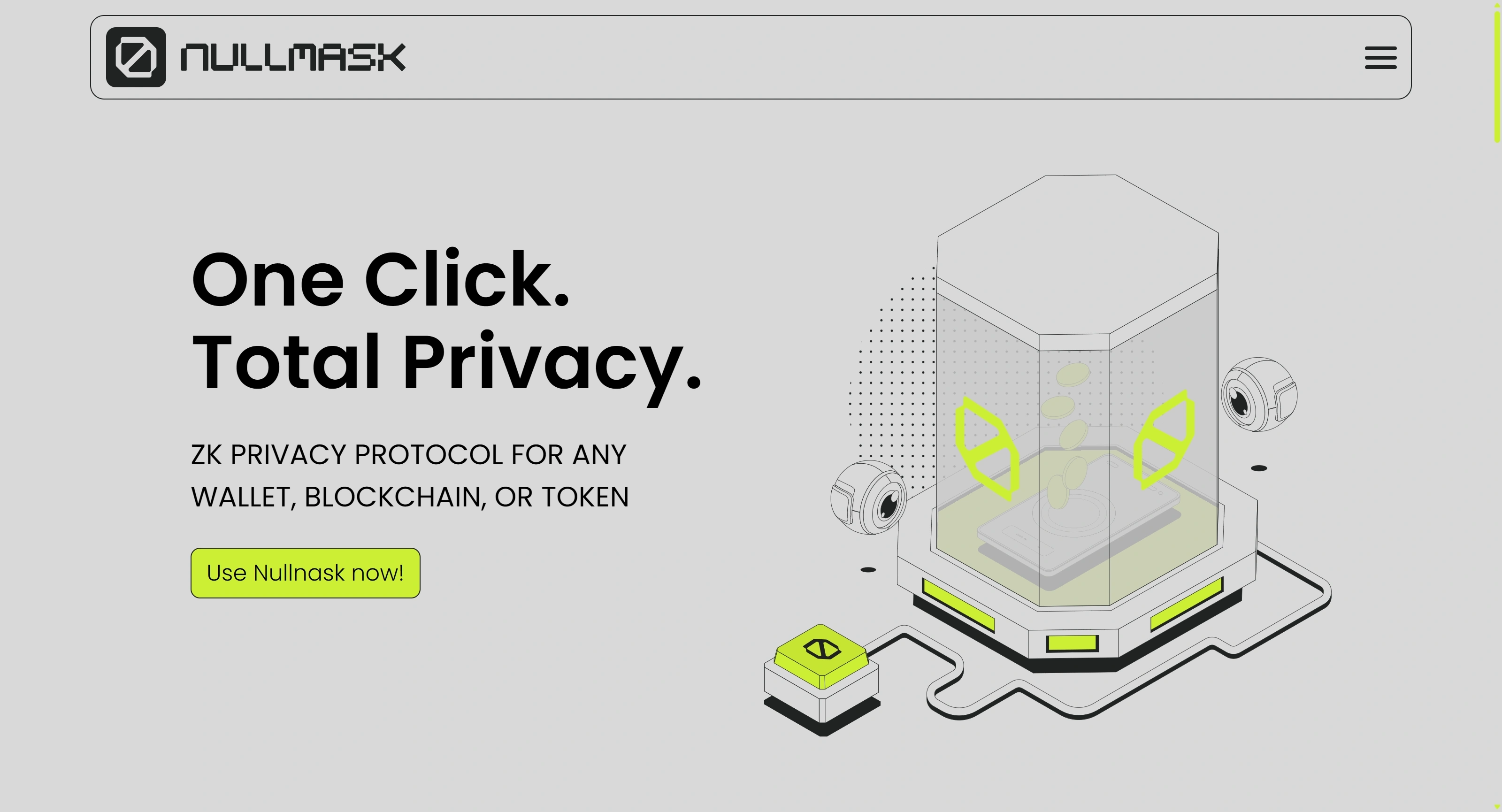 NullMask Секция «Первый экран» с сайта https://nullmask.io/, тематика — Крипто и блокчейн, цвета — Белый, стиль — Минимализм, типографика — Без засечек