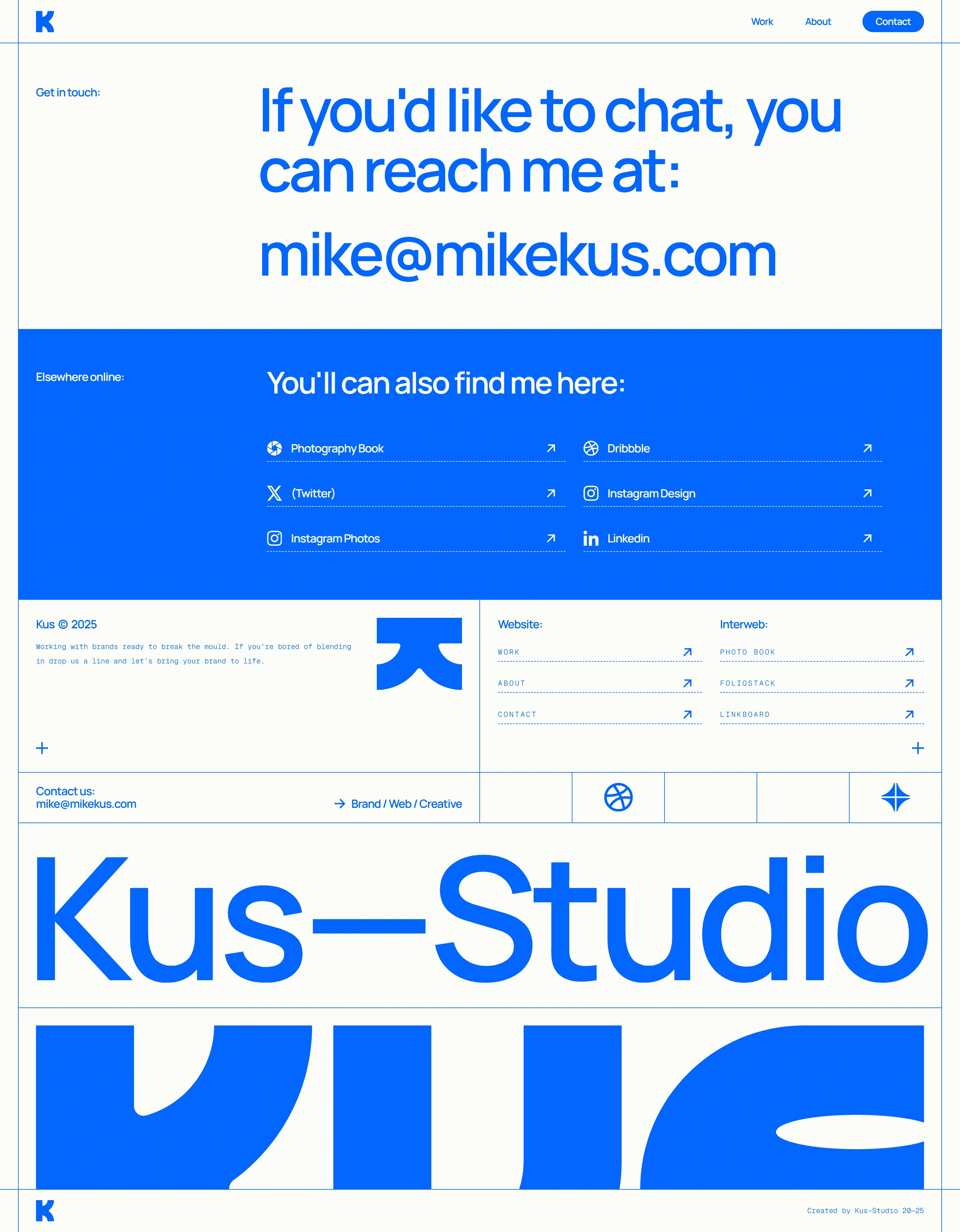 Kus Studio Контакты Kus Studio, тематика — Дизайн, цвета — Белый, Синий, стиль — Минимализм, Брутализм, типографика — Без засечек