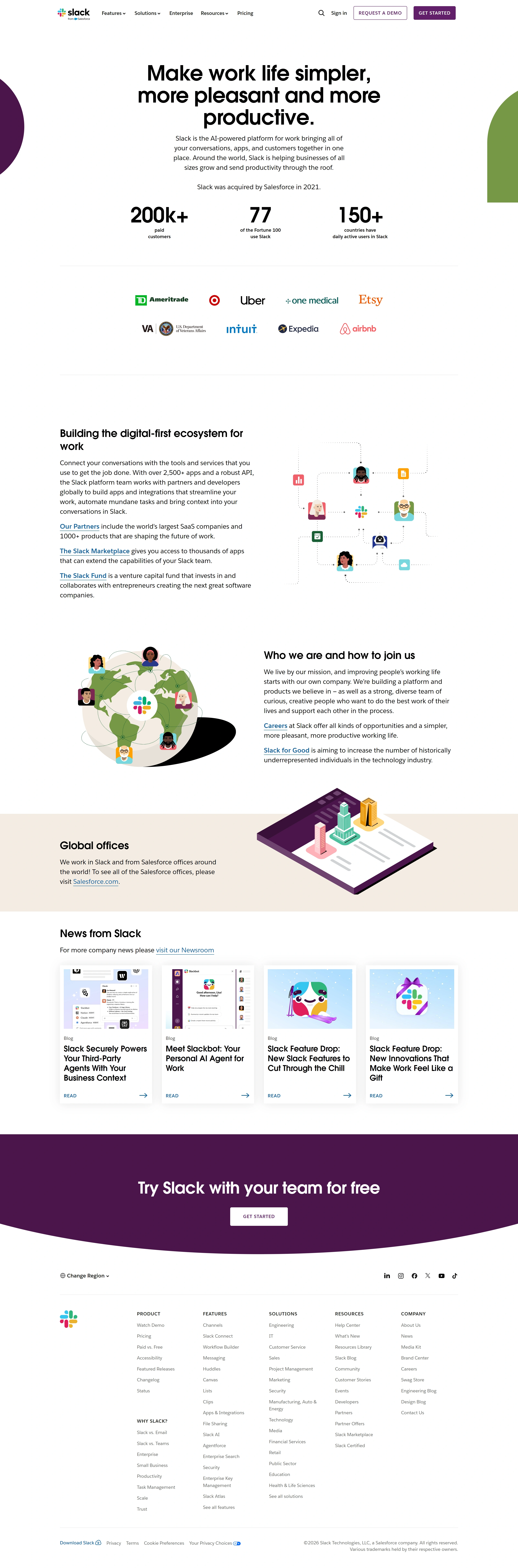Slack Главная Slack, тематика — SaaS, цвета — Белый, Черный, Серый, стиль — Корпоративный, Минимализм, типографика — Без засечек