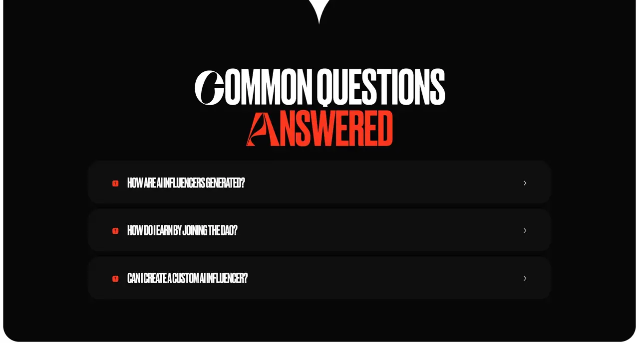 Секция «FAQ» с сайта https://influnetai.tilda.ws/, тематика — Крипто  и блокчейн, цвета — Черный, стиль — Типографика, Брутализм, типографика — Без засечек, Декоративные