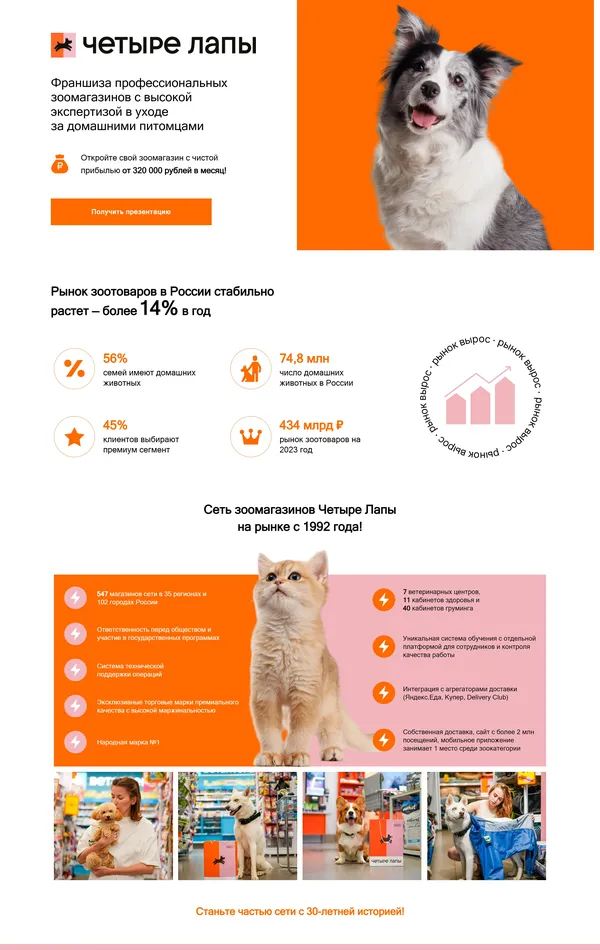 Лендинг Четыре Лапы, тематика — Розничная торговля, Домашние животные, цвета — Белый, стиль — Корпоративный, типографика — Без засечек
