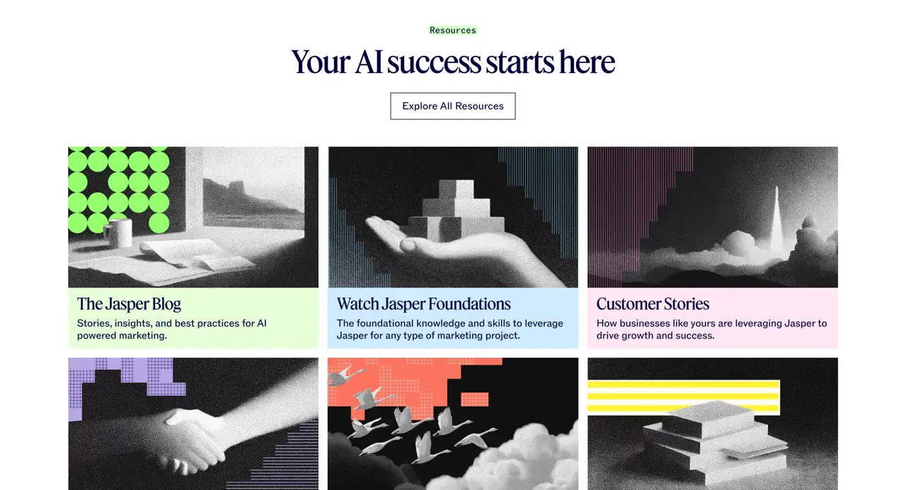 Секция «Контент» с сайта https://www.jasper.ai/, тематика — SaaS, цвета — Белый, Черный, Серый, стиль — Корпоративный, Брутализм, типографика — Без засечек