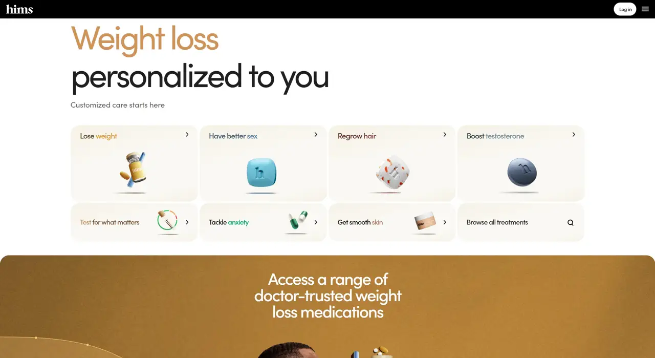 Секция «Первый экран» с сайта https://www.hims.com/, тематика — Здоровье и фитнес, цвета — Белый, Серый, Коричневый, стиль — Карточный, Минимализм, типографика — Без засечек