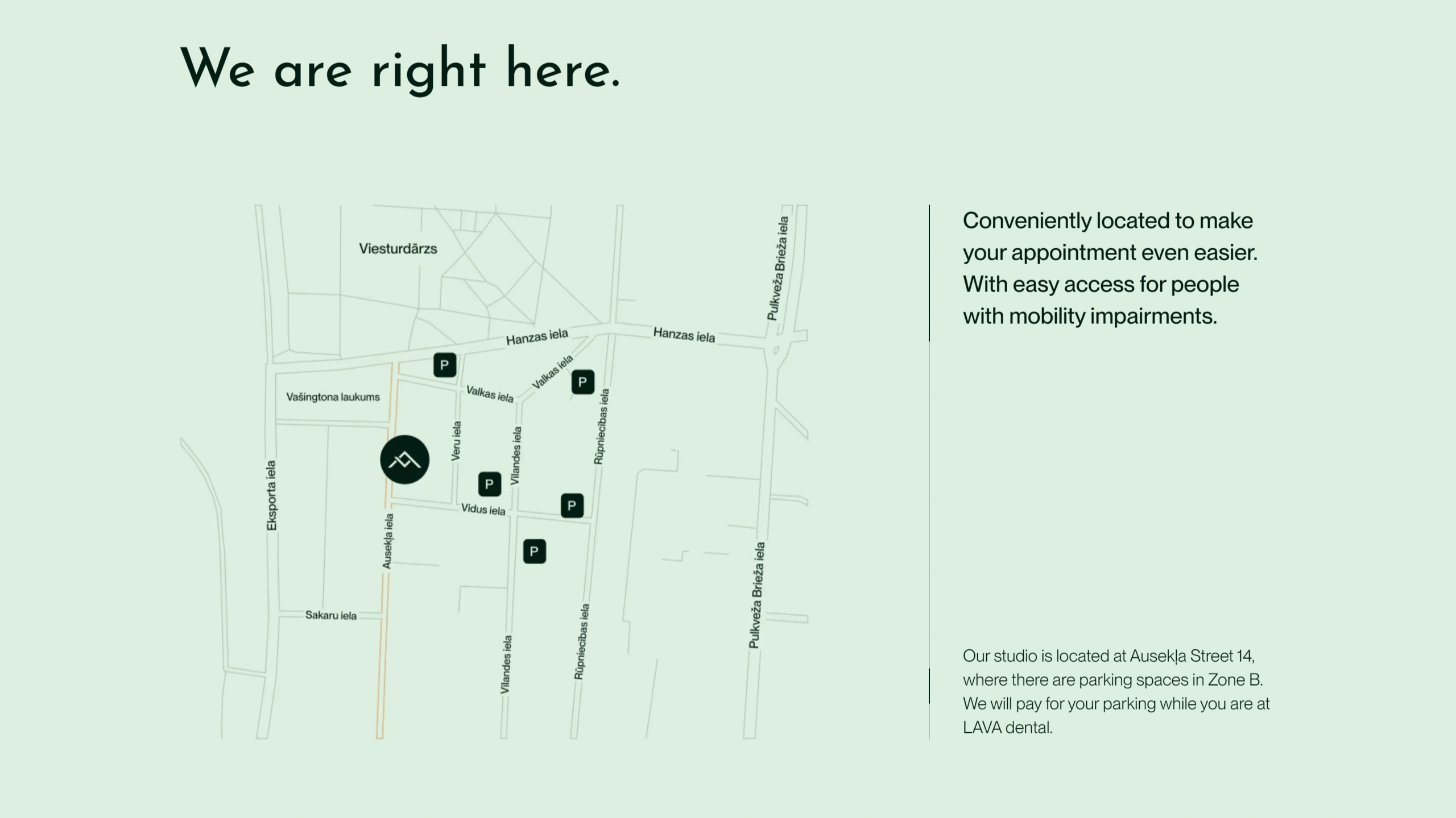 LAVA dental studio Секция «Контакты» с сайта https://lavadental.lv/en, тематика — Здоровье и фитнес, цвета — Белый, стиль — Минимализм, типографика — Без засечек