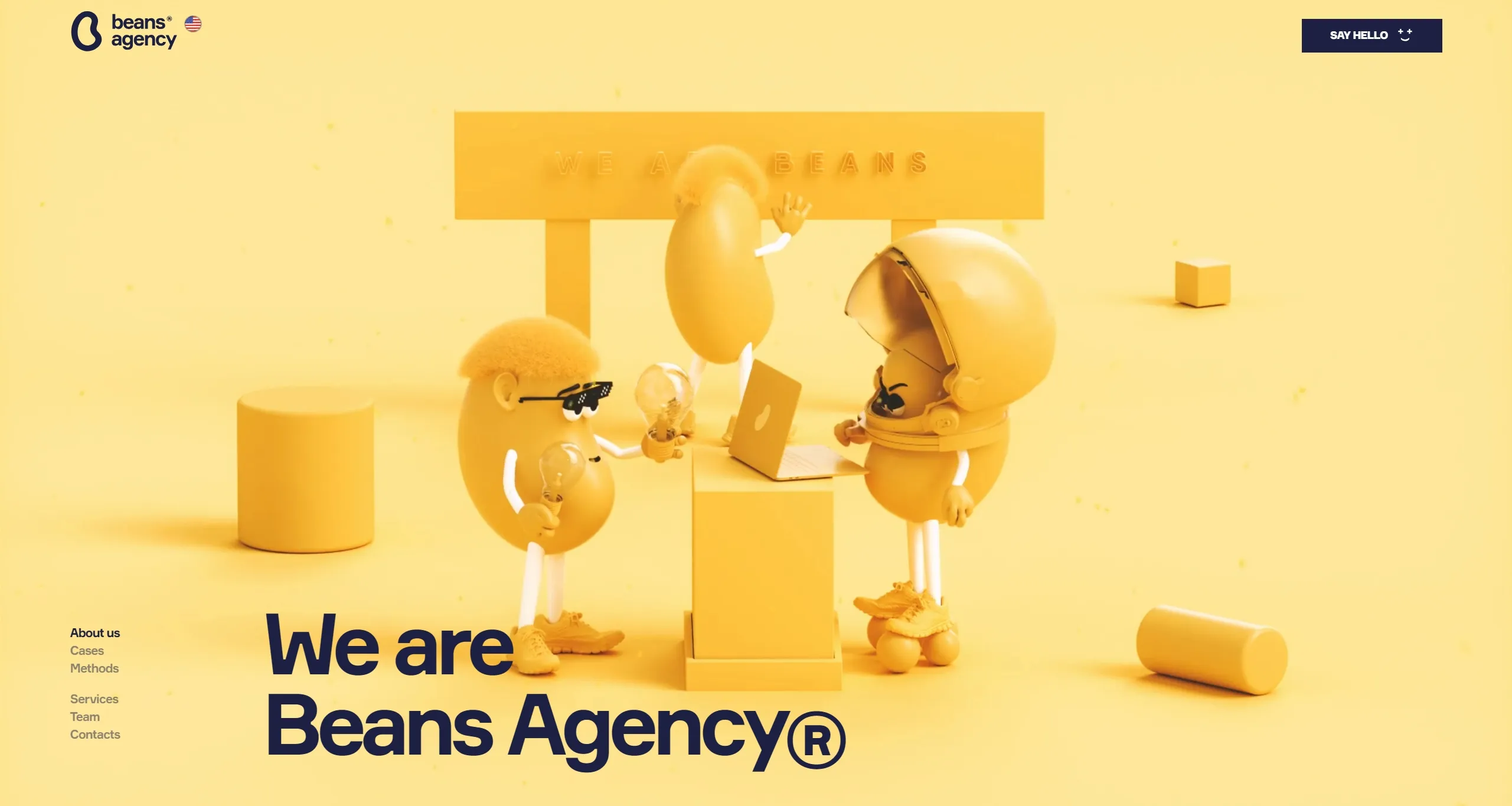 Beans Agency Секция «Первый экран» с сайта https://beans.agency/, тематика — Агентство , цвета — Желтый, Оранжевый, стиль — Фестивальный, типографика — Без засечек
