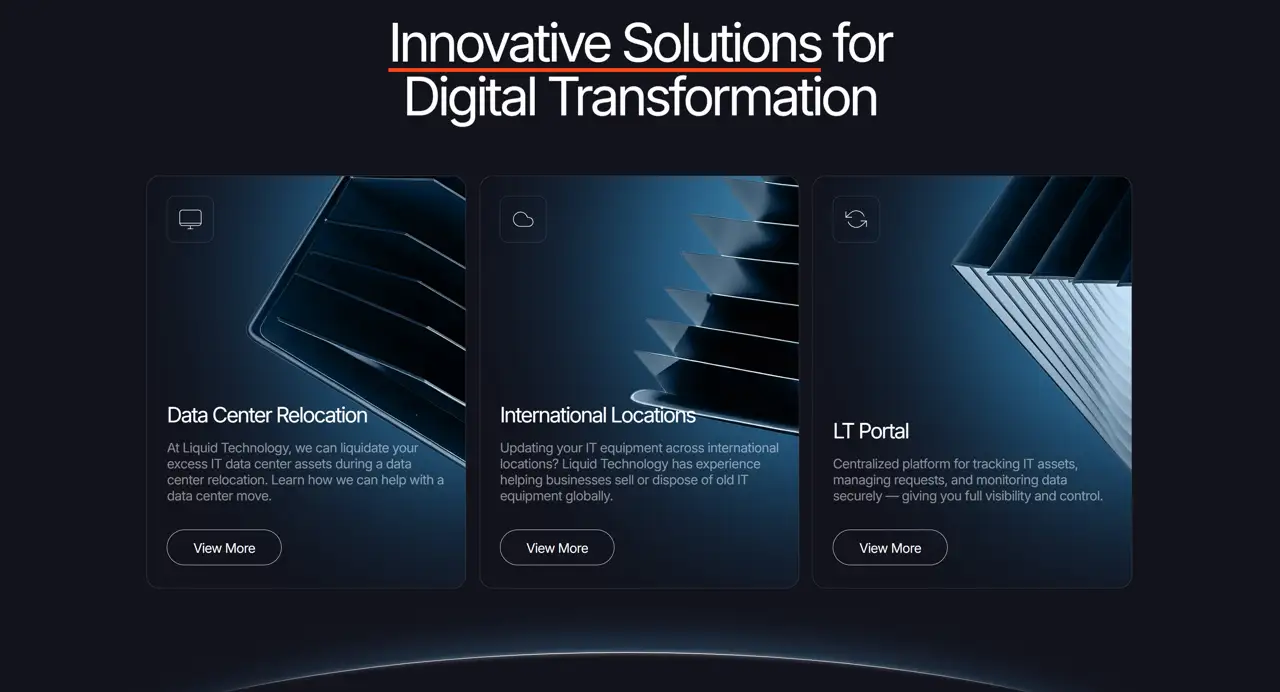 Секция «Услуги» с сайта https://liquidtechnology.net/, тематика — IT и программное обеспечение, цвета — Черный, стиль — Корпоративный, Карточный, типографика — Без засечек