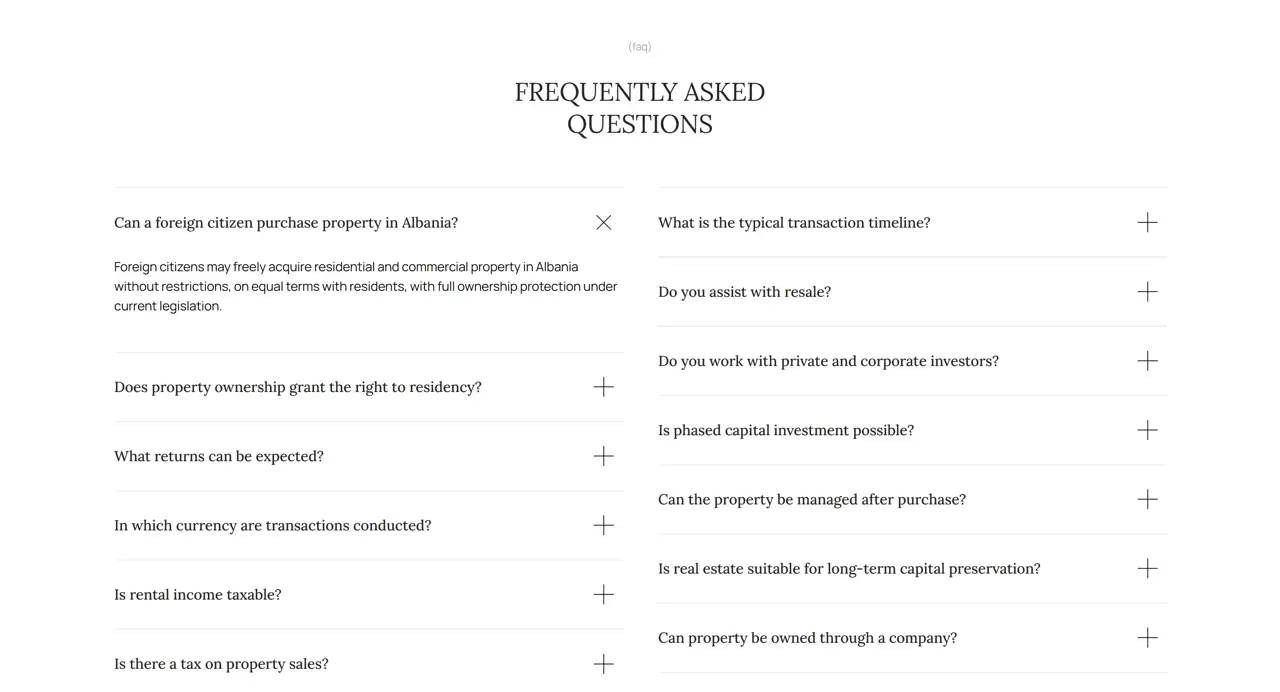 Секция «FAQ» с сайта https://besbridgerelocations.com/, тематика — Недвижимость, цвета — Белый, стиль — Минимализм, типографика — С засечками