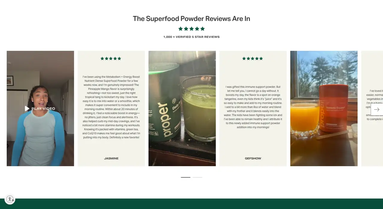 Секция «Отзывы» с сайта https://properhealth.com/, тематика — Здоровье и фитнес, цвета — Белый, Черный, Серый, стиль — Карточный, Минимализм, типографика — Без засечек