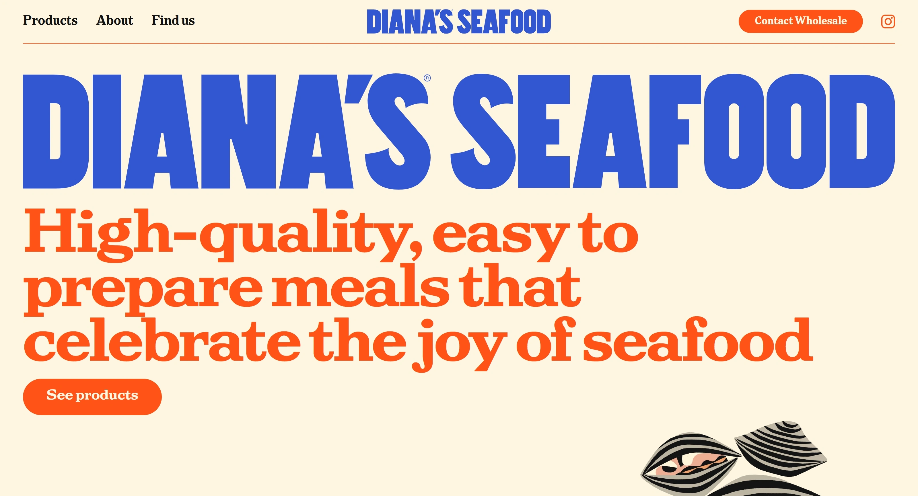 Diana's Seafood Секция «Первый экран» с сайта https://www.dianasseafood.com/, тематика — Еда и напитки, цвета — Белый, Синий, Розовый, стиль — Фестивальный, типографика — Без засечек, Декоративные